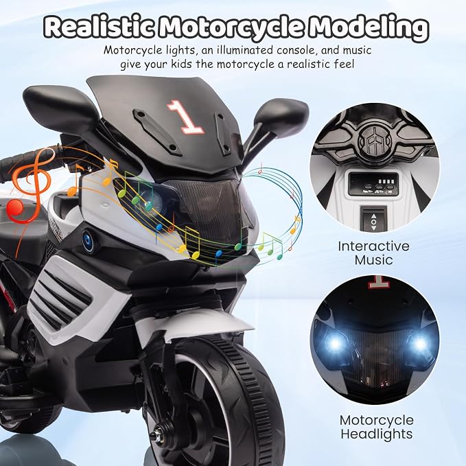 Kids Ride On Motorcycle, 6V Battery Powered Electric Motorcycle, w/Treaded Tires, Horn, Working Headlight, Music, Training Wheels, Stable Ride On Toys for Kids Toddler Boys Girls 3-6, White