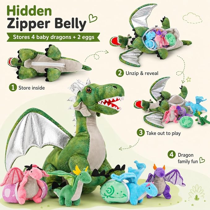 7Pcs Giant Green Dragon Plush Toy Set, 21.7" Big Mother Dragon Stuffed Animal with 4 Babies & 2 Eggs, Stuffed Dinosaurs for Kids Boys Girls, Cute Soft Plushies Gift for Birthday Christmas