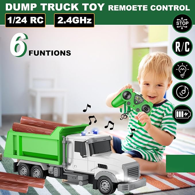 Remote Control Construction Dump Truck Toy RC Vehicle,6 Channel Truck Toys with 6 pcs Wood,2 Rechargeable Batteries,1/24 Scale Dump Trucks，Birthday Gifts Ideas for Boys Age 3-8 Year Old