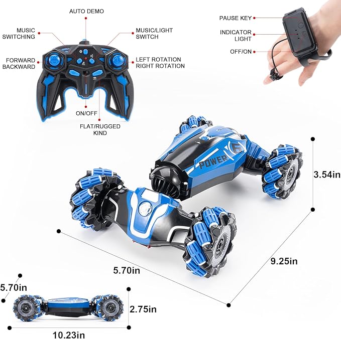 RC Stunt Car, 4WD Drive Remote Controlled Gesture Sensor Toy Car, Hand Remote Control car with 360° Flipping Light and Music, Children's Toys for Boys and Girls Aged 5-13