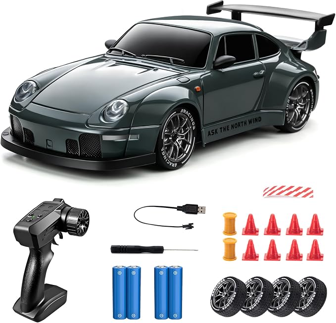 RC Drift Car, 1/24 Widebody Grey Remote Control Drift Car for Adults Kids, 4WD 20KM/H High Speed RC Sports Cars with LED Lights, Extra Racing Tires, Vehicle for Boys Beginners Indoors Outdoors