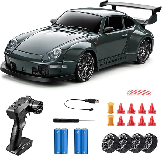 RC Drift Car, 1/24 Widebody Grey Remote Control Drift Car for Adults Kids, 4WD 20KM/H High Speed RC Sports Cars with LED Lights, Extra Racing Tires, Vehicle for Boys Beginners Indoors Outdoors