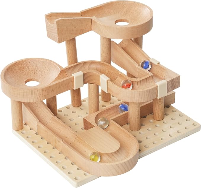 Wooden Marble Runs for Kids 4-8, 34 Pcs Marble Rush Track Maze Construction Play Set, STEM Learning Toys, Wood Building Blocks Toys, Gift for Boys & Girls