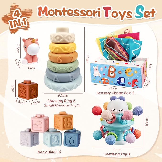 Montessori Toys for 6-12 Months, 4 in 1 Baby Toys for 6 Month Old | Soft Stacking Blocks, Baby Tissue Toy, Teething Toy, Fine Motor & Cognitive Skills, Montessori Toys for Babies 6-12-18 Months