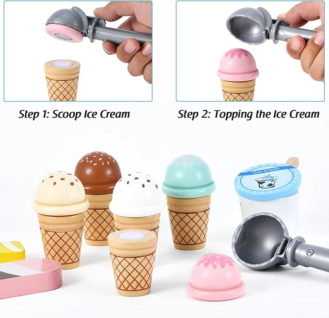 WHOHOLL Wooden Ice Cream Toys Kids Play Store Pretend Toy for Toddlers, Play Kitchen Accessories with Scoop, Menu, Ice Cream Play Set Birthday for 3 4 5 6 Year Old Girls Boys