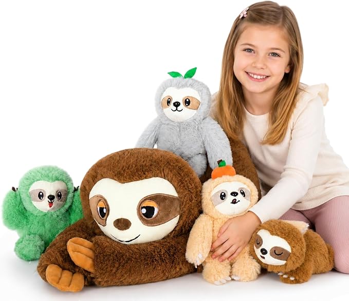 Tezituor Sloth Stuffed Animal Set, 23.6 Inch Giant Mommy Sloth Plush with 4 Baby Sloths, Large Soft Sloth Toy for Kids Adults,Sloth Plushies,Christmas Birthday Valentine’s Day