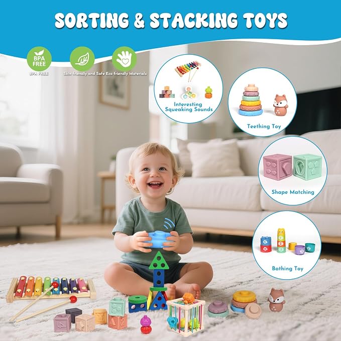 LearnToy Baby Toys 18-36 Months, Montessori 7-in-1 Activity Set | Stacking Blocks, Infant Teething Toy & Sensory Bin, Baby Boys & Girls Gifts
