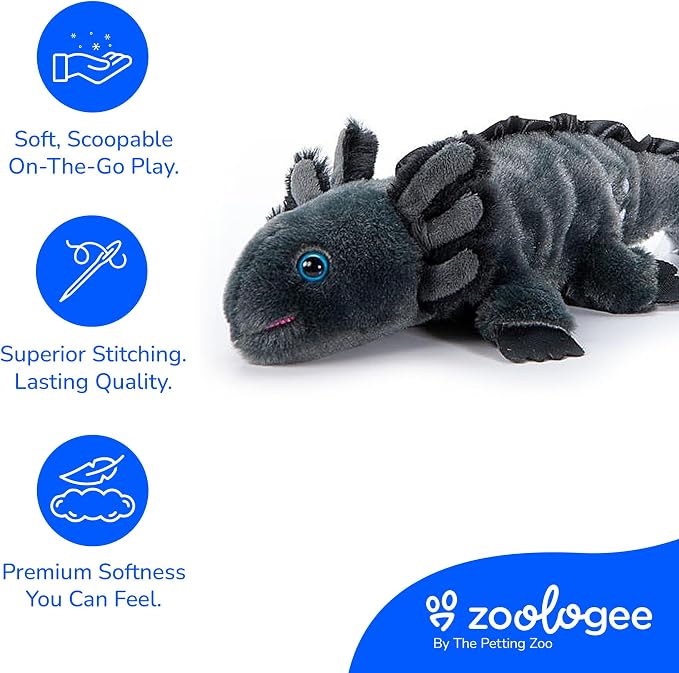 The Petting Zoo Black Axolotl Stuffed Animal Plushie, Gifts for Kids, Scoopz Sealife Animals, Black Salamander Plush Toy, 8 inches