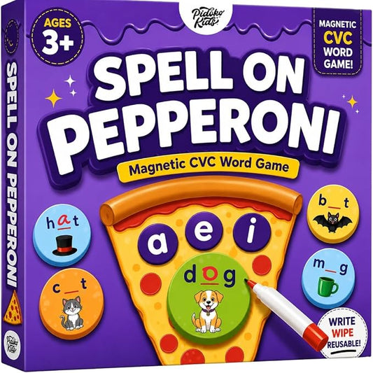 Pidoko Kids Phonics CVC Word Game - Magnetic Write & Wipe Vowels - Spelleroni Pepperoni Preschool & Kindergarten, Homeschool, Speech Therapy for Ages 3+