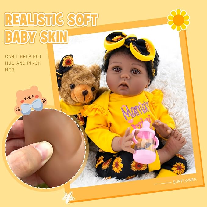 Aori Reborn Baby Dolls Black - 22 Inches Realistic Baby Doll Black American Lifesize Reborn Girls with Hair, Gift Set for Kids 3+, Parents-to-be, Grandparents