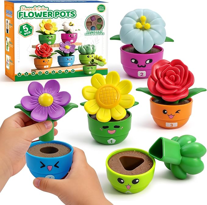 5 Sets Flower Garden Toddler Toys, Kids Gardening Building Toy, Color Shape Sorting & Matching Game, Montessori Stacking Sensory Learning Toys, 2 Year Old Girl Birthday Gift