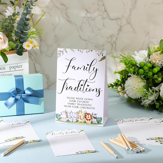 Fumete 61 Pieces Family Tradition Baby Shower Games Include 1 Family Traditions Standing Sign and 50 Activities Cards with 10 Pencils for Gender Reveal Bridal Shower Wedding(Green,Forest Animals)