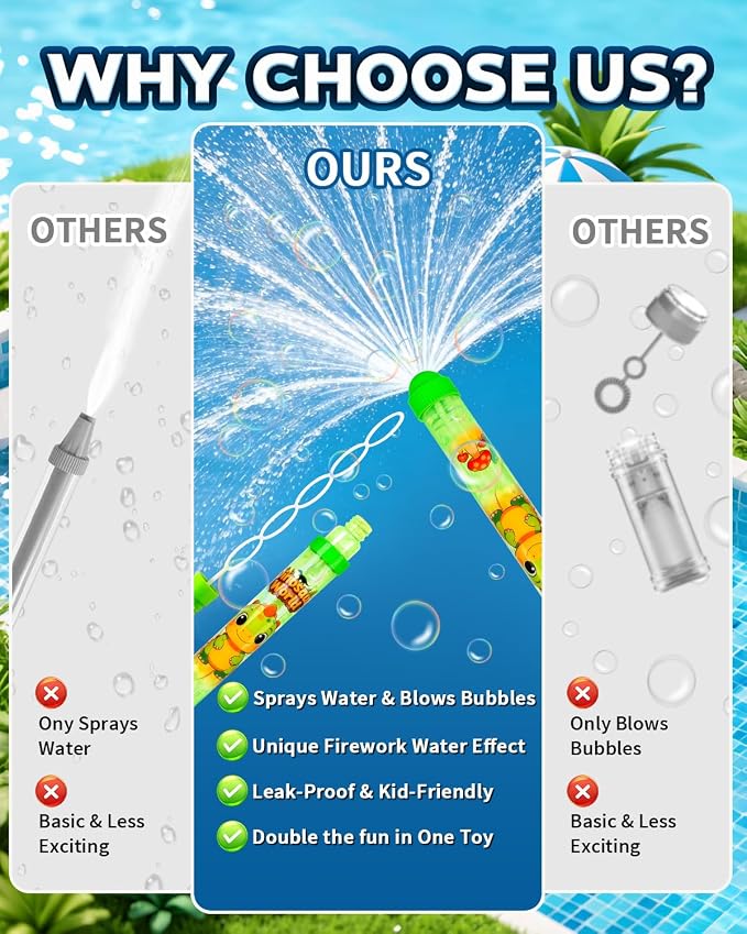 6Pack Fireworks Water Gun for Kids: 2-in-1 Water Blaster Bubble Wand Combination Toys for Kids| Water Shooters for Pool Toy Swimming Beach Outdoor Party Favors| Bubble Blower Bulk with Bubble Solution