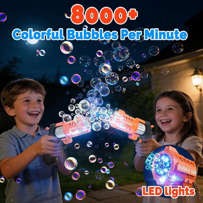 EagleStone 2 Pack Revolver Bubble Guns for Kids, Swing-Out Cylinder, 8000+ Bubbles/Min, LED Light Up, 4 Bubble Solution Bottles, Outdoor Indoor Toy, Birthday Easter Gifts for Toddlers