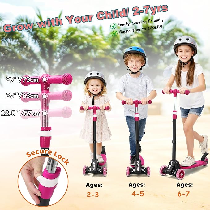 Kids Kick Scooter, Kick Scooter for Kids 2-7 Age, Light up 3 Wheels Kick Scooter, Heavy Duty Folding Lean-to-Steer Scooters with 3 Adjustable Handlebar for Boys Girls Blue