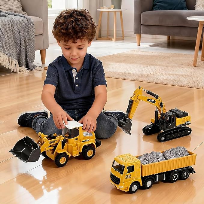 Alloy Mini Construction Vehicles, 3Pcs Die-cast Metal Toy Set with Pull Back Action - Excavator, Dump Truck, Bulldozer for Toddlers & Kids 3 4 5 6 7 Years Old Boys Toys