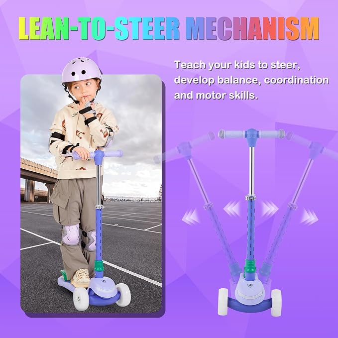 Rahmory Kids Scooter for Boys Girls Ages 3-8, 3 Wheel Light Up Toddler Kick Scooter with 20 Dynamic LED Modes, Foldable Adjustable Height, Extra Wide Deck, Lean to Steer Outdoor Toy Gift