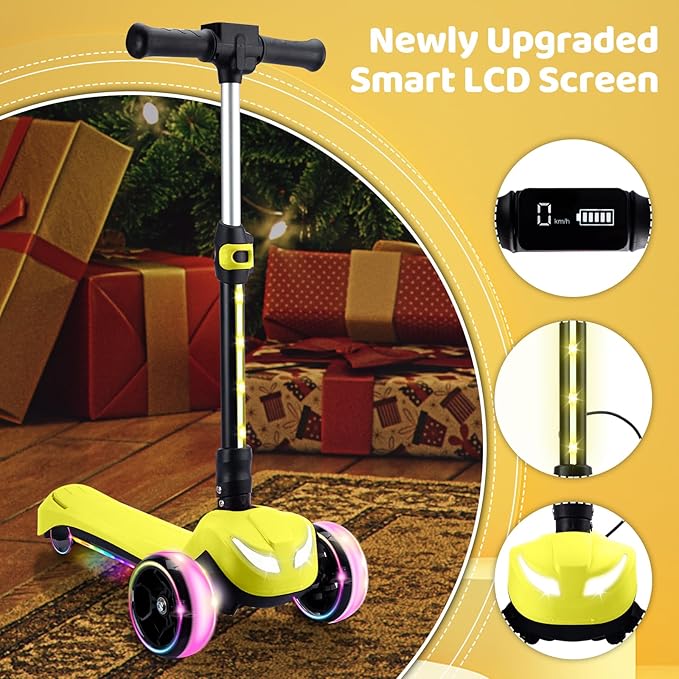 24V Electric Scooter for Kids w/150W Powerful Motor, Thumb Throttle, LCD Screen, Bluetooth, Light-Up Stem Deck & Wheels, 3 Adjustable Heights, 5MPH Safe Speed, 3 Wheel Electric Scooter for Kids