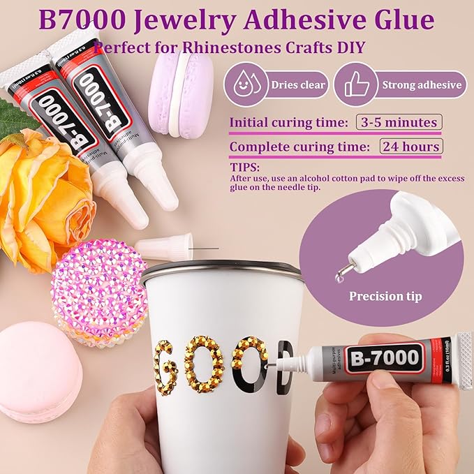 Resin Jelly Rhinestones for Crafting with B7000 Jewelry Glue, 1 Box Gold Flatback Crystal with 3Pcs 10ml Glue, Bedazzling Non Hotfix Gems for DIY Tumblers Clothing Shoes Manicure