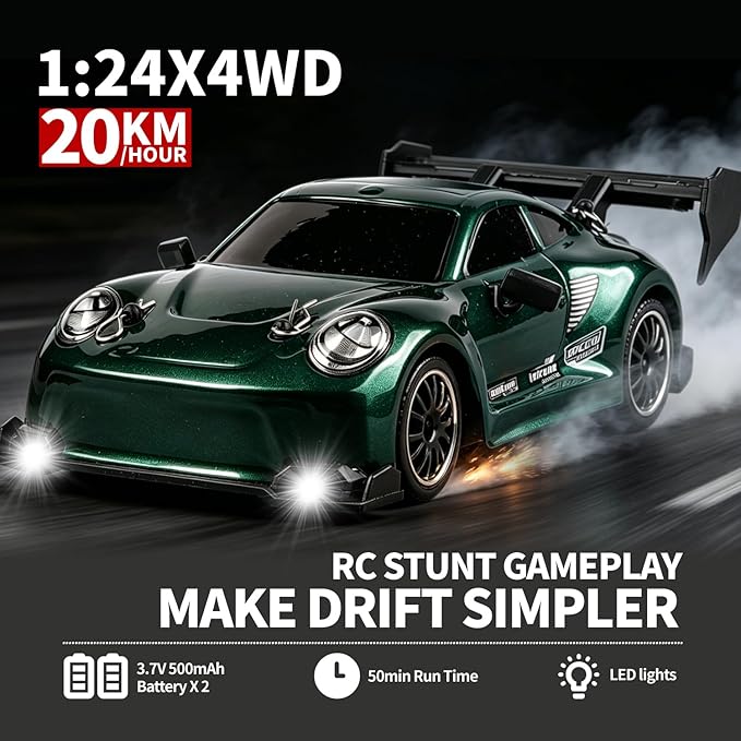 1:24 RC Drift Car, 20KM/H 4WD High Speed Remote Control Car with 2 Batteries, Extra Body Shell, Drift Tires, 10 Cones & LED Lights, 2.4GHz Racing Car Toy for Boys Girls.