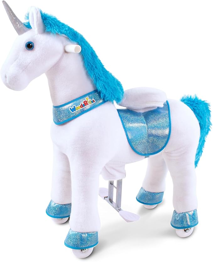 WondeRides Ride on Horse Pony Unicorn Riding Horse Toys Pony Rider Rocking Horse, 30.1 inch Height Plush Walking Animal Mechanical Rocking Horse with Wheels (Blue-White, Size 3 for Age 3-5) M331-1
