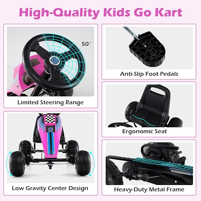 Costzon Pedal Go Kart, 4 Wheel Ride on Toy Pedal Car with Adjustable Seat, Handbrake, Free-Wheel & Pedal Modes, Outdoor Bicycle Go Cart with Wear-Resistant Wheels, Gift for Boys and Girls (Pink)