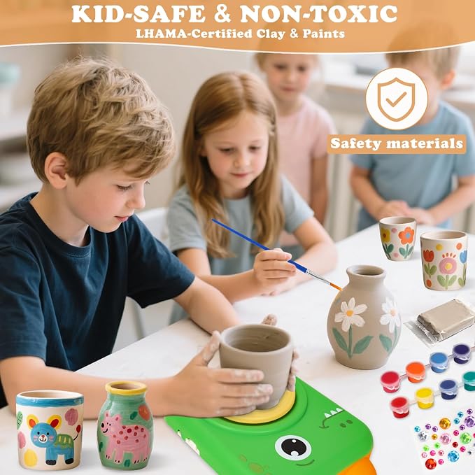 Pottery Wheel for Kids, Art Supplies Arts & Crafts Kit, Crafts Toys for Girls 6+, Pottery Studio Craft Kit with 4 Pack Air-Dry Clay,Girls Toys Birthday Christmas Gift for Kids Ages 6 7 8 9 10 11 12+