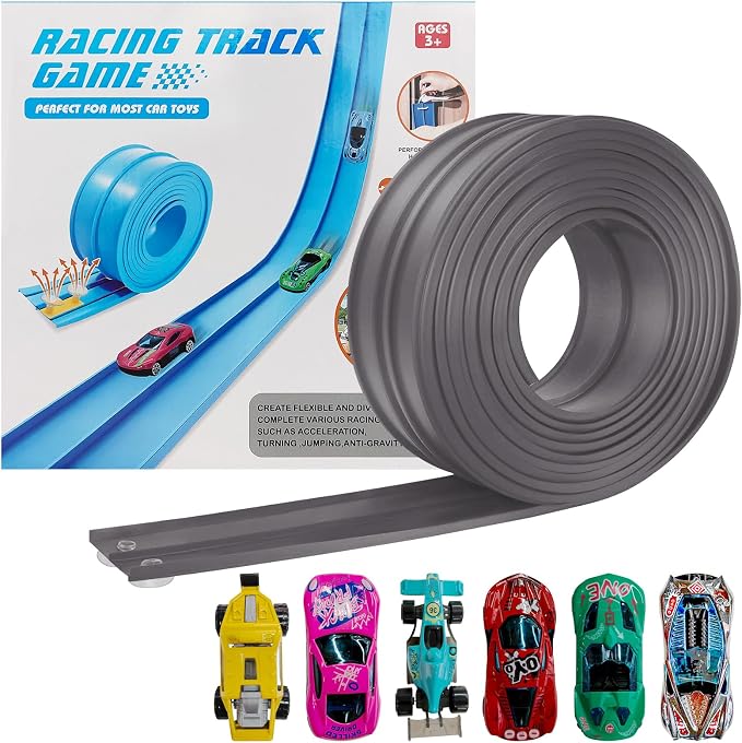 Flex Track Race Set for Kids, 15FT Starter Set Car Track with 4 Suction Cups and 6 Diecast 1/64th Cars - STEM Racing Toy for Boys & Girls Ages 3+ (Upgrade Orange) (Grey)