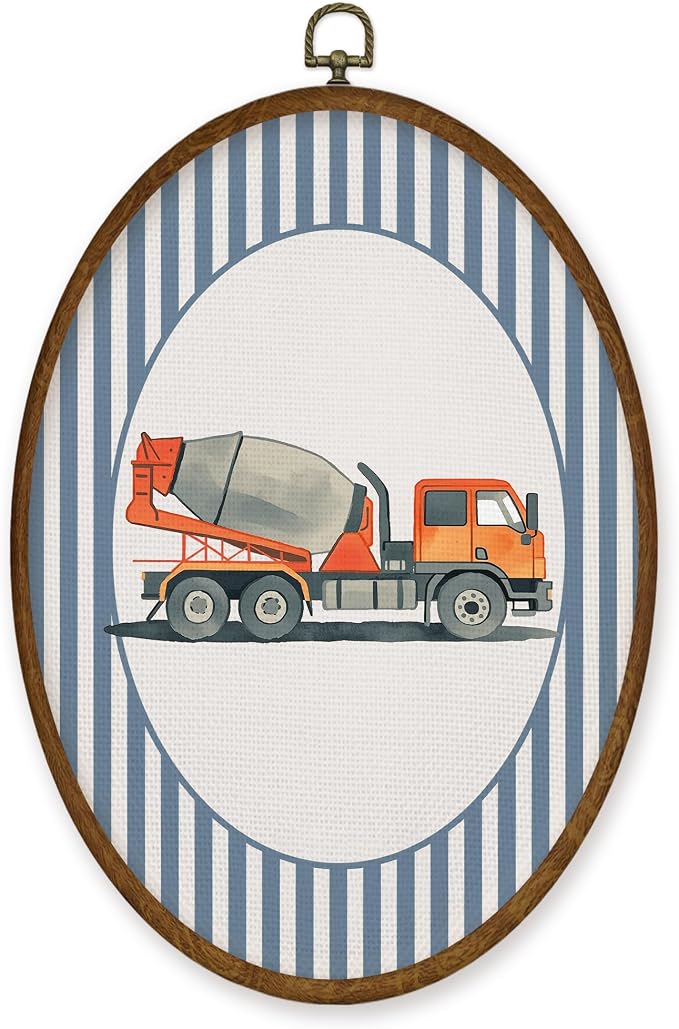 WULQYING Boy Nursery Mixer Truck Wall Art Decor, Boys Room Oval Framed Canvas Art Prints, Blue Striped Construction Vehicle Wall Hanging Decor for Kids Boys Room Bedroom Playroom, 8.6x11.4 Inches