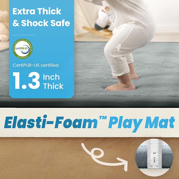 1.3" Thick Baby Play Mat for Floor, 79x79 Large Foam Tummy Time Mat, Padded Support Soft Plush Nursery Rug for Infant Kids Toddler Crawling Kick Activity (Light Grey)