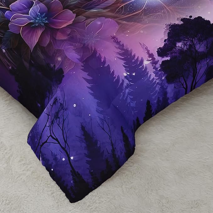 AILONEN Purple Galaxy Wolf Comforter Set - 3-Piece Twin Size Mystical Animal Starry Night Bedding for Room Decor, 2 Pillowcaases