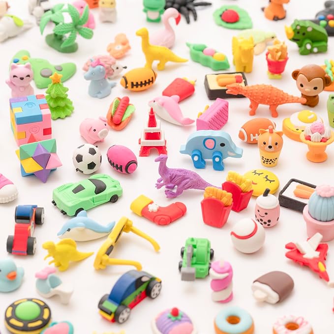 156pcs 3D Cute Kids Erasers, Random Desktop Pet Toys Gifts, Classroom Rewards Kids Party Gifts, Various Styles Such as Animals, Food, Plants, Space, Princess, Sports, Halloween, Christmas