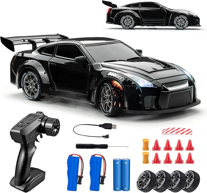 RC Drift Car, 1:24 Scale Remote Control Vehicle with LED Lights, 2.4GHz 20KM/H 4WD High Speed RC Cars, Drifting Tires＆Two Batteries, Racing Sports Toy Idea Gift for Adults Boys Girls and Kids (Black)