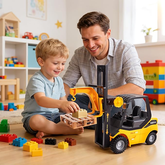 11.8 Inch Friction Powered Toy Forklift Truck with Lights & Sounds, 1/16 Scale Construction Vehicle with Pallet & 2 Cargo Boxes, Push Car for Toddlers Age 3, 4, 5 Boys Girls - Easter Gifts