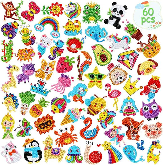 GWAHSA 60pcs 5D Diamond Art Stickers Arts and Crafts Creative Gem Art Paint by Number Kits for Kids Ages 4-6 6-8 8-12 Boys Girls DIY Mosaic Stickers Toys for Birthday Party Halloween Christmas Gifts