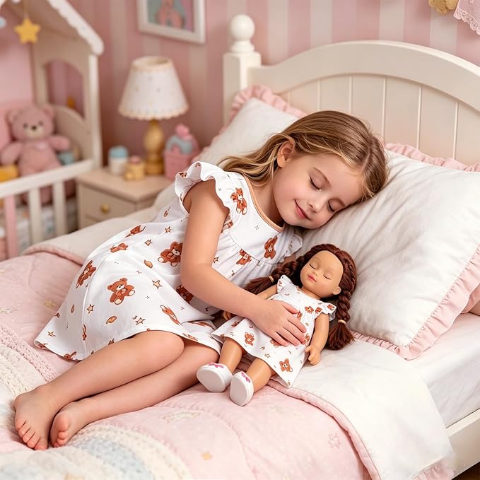 AmzBarley Matching Doll & Girl Pajamas Girls Nightgowns Sleepwear Night Dress for Kids and 18 inch Doll Clothes