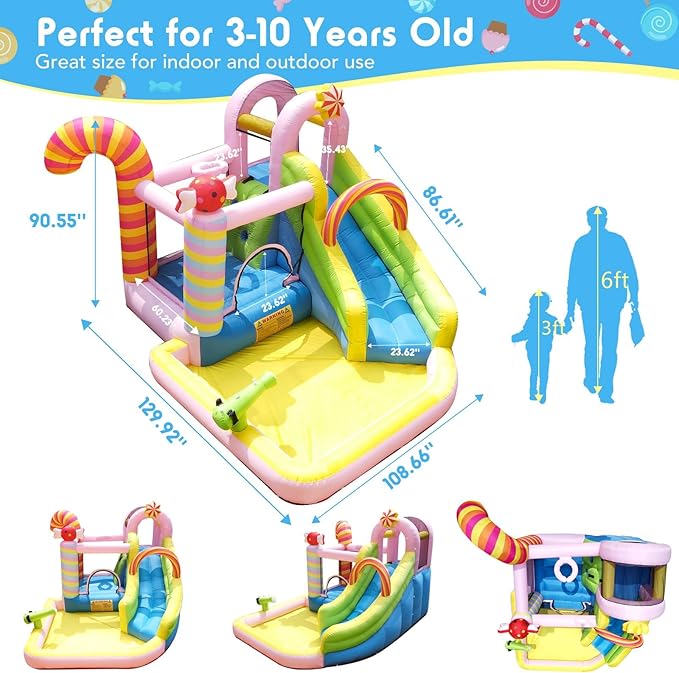 NBSPORT 6-in-1 Inflatable Water Slide Bounce House for Kids Ages 3-10, Candy Inflatable Water Park with Splash Pool, Climbing Wall, Basketball Hoop, 840D Oxford, 450W Blower for Backyard