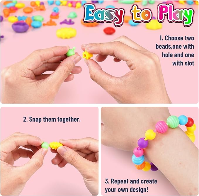 FUNZBO 520+ Snap Pop Beads - Jewelry Making Beads Charms Style Craft Kit, Arts and Crafts for Kids Ages 4-8, Toys for 3 4 5 6 7 Years Old Girls Birthday Gifts Ideas, Bracelet Necklace Ring for Girls