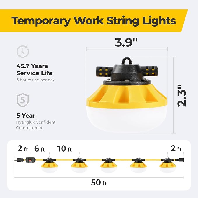 50FT 3-Prong Construction String Lights with Switch, LED Work Light, ETL Certified, IP65 Waterproof, Linkable up to 16 Sets, for Jobsite, Attic, Garage