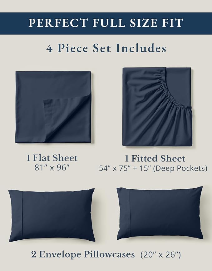 LANE LINEN Full Sheets 100% Organic Cotton Percale Cooling Soft 4pc - Navy | Organic Cotton Percale Full Sheet Set - Soft From The First Wash, Crisp Cool Percale Weave, Great For Gifting