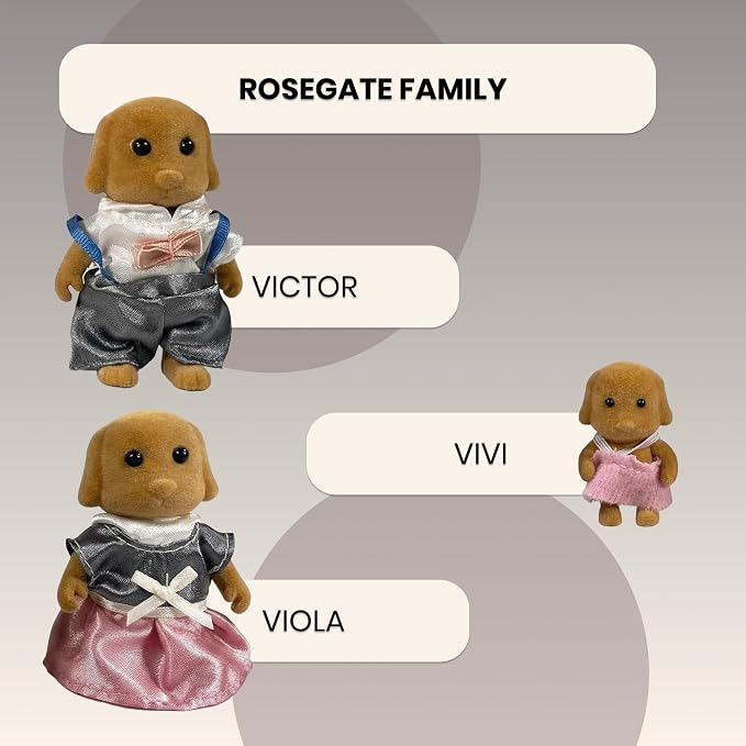 Family Brown Dog Figures — Set of 3 Collectible Flocked Mini Dolls with Removable Clothes, Dollhouse Pretend Play Set for Kids Ages 3+