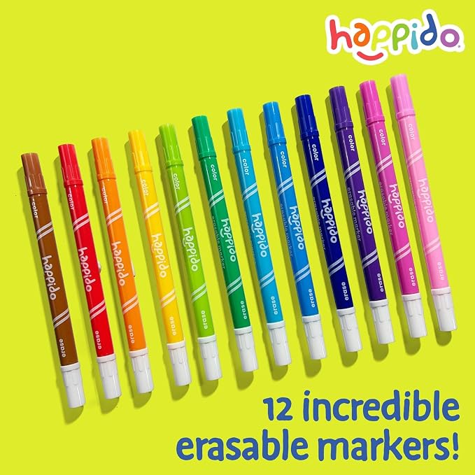 International Arrivals Double Sided Erasable Marker Sets for Kids Happido, Set of 12 Chisel Tip Non Toxic Markers, Great School Supplies, Art and Stationery Set