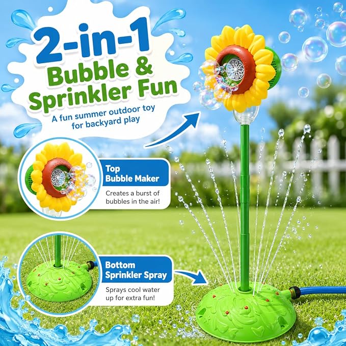 Sunflower Water Sprinkler with Bubble Machine, 4-in-1 Outdoor Sprinkler Toy for Kids with Bubbles, Lights and Music, Garden Hose Splash Toy for Backyard and Summer Parties(Sunflower)