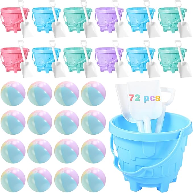 Lunmon 72 Pcs Beach Toys for Kids 24 Set Sand Buckets Shovels Bulk Pastel Beach Balls Inflatable Sand Toys for Girls Boys Toddlers Games Birthday Summer Pool Party Favor (Macaron, Castle)