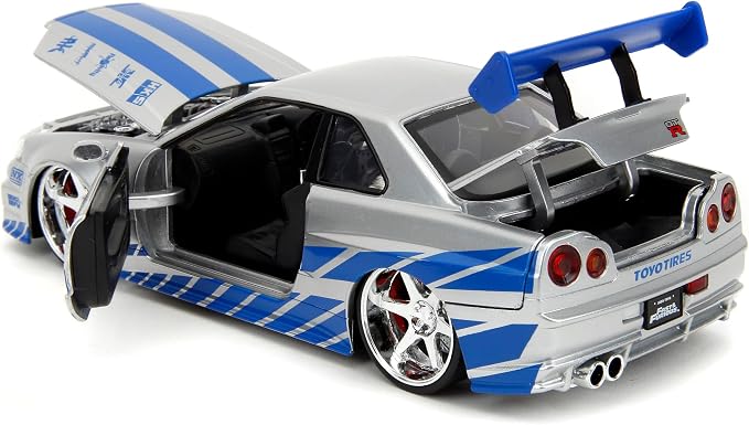 Jada Toys Fast & Furious Brian’s 2002 Nissan Skyline R34 Die-cast Car, 1:24 Scale, Silver & Blue