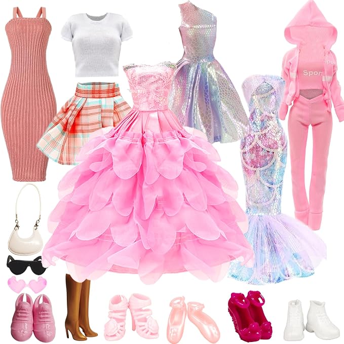 17 PCS Doll Clothing and Accessories for 11.5 inch Girl Dolls Including 6 Set Handmade Clothes -Wedding Evening Gowns Fashion Form-Fitting Mermaid Dresses Casual Sport Outfit with 6 Shoes&Bag&Glasses