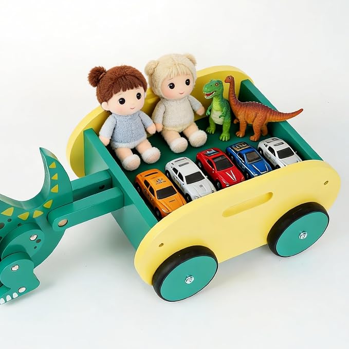 Wooden Walking Pull Along Wagon for Kids Dinosaur Toys Car Rolling Cart for Toddlers Montessori Toys Gift for 1 2 3 4 Years Old Boys Girls
