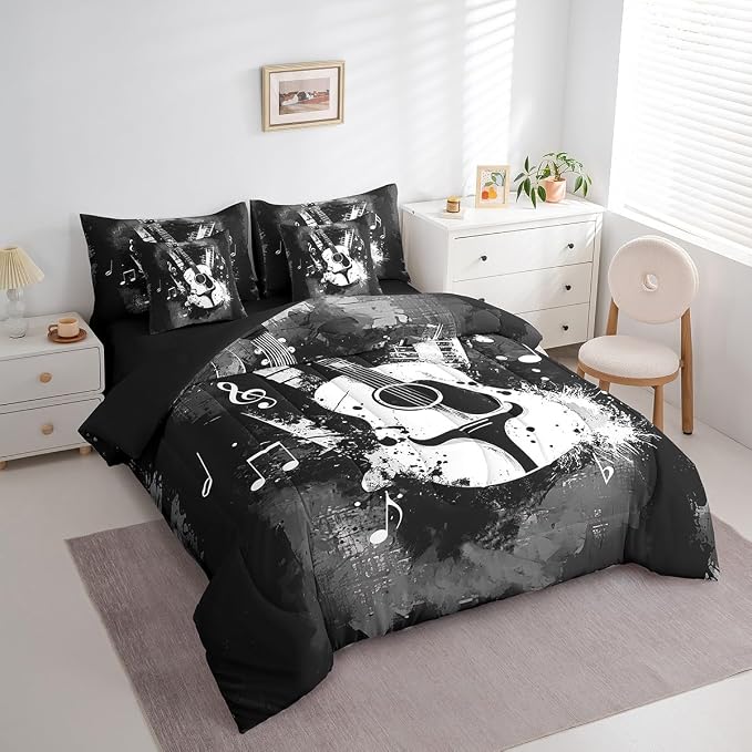 Feelyou Guitar Comforter Set with Sheets King Size Rock Music Bed in a Bag for Boys Girls Teens Carbon Black 7 Pieces Bedding Set Soft Lightweight Microfiber