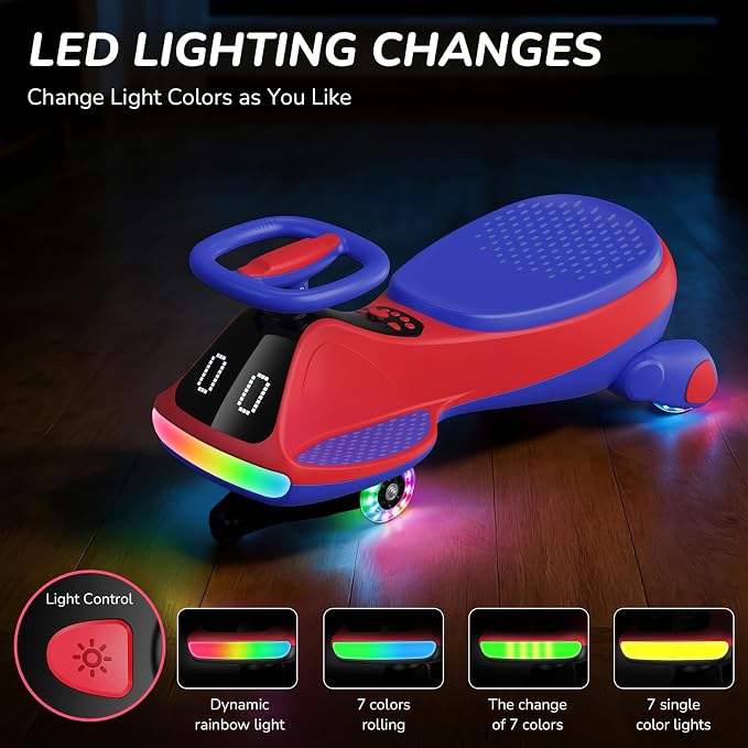 Umatoll 12V Electric Wiggle Car for Kids with Pedal, Display, Rechargeable Battery, LED Light, Bluetooth, Light-Up Wheels, Anti-Rollover, 2 Speeds, Ride on Toys, Birthday Gifts for Age 3+, 150Lbs