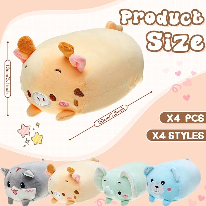 Leitee 4 Pcs Stuffed Animals Plushies Bulk 8 Inch Cute Plush Toys Plush Pillow for Boys Girls Birthday Gift Box Toys for Kids Back to School Classroom Prize Christmas Party Favors Bulk (Vivid Style)